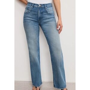 GOOD AMERICAN‎ High Rise Straight Leg Jeans Medium Wash Raw Hem Size 12 31